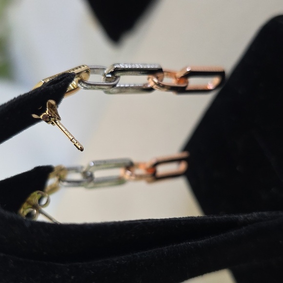 Tricolor Gold Paperclip Chain Link Drop Dangle Earringd - Picture 7 of 8